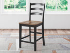 Barstool with dark wood seat and black slatted back, upright full chair view