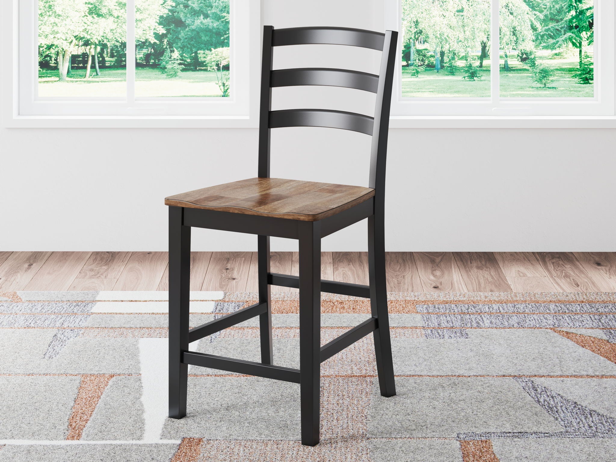 Barstool with dark wood seat and black slatted back, upright full chair view