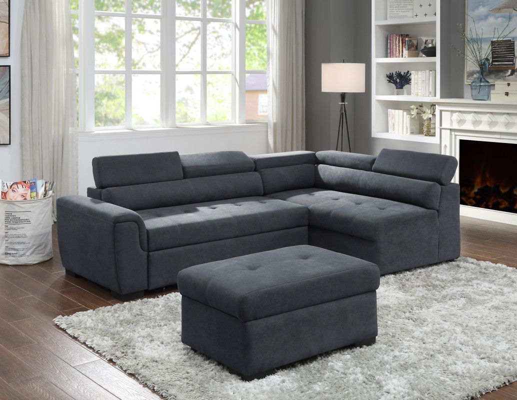 Haris - Fabric Sleeper Sofa Sectional With Adjustable Headrest And Storage Ottoman - Dark Gray