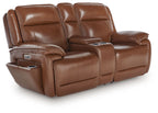Chocolate brown power reclining loveseat with console and adjustable headrests