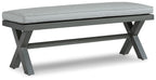 Gray outdoor bench with rectangular cushion and dark gray legs