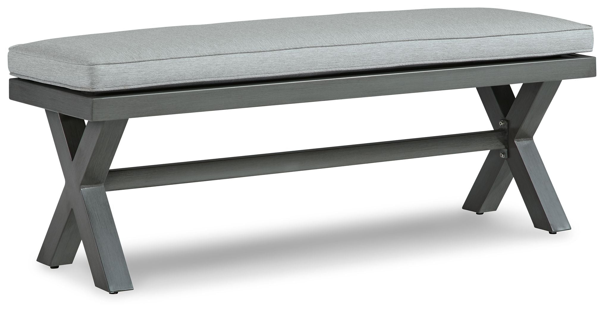 Gray outdoor bench with rectangular cushion and dark gray legs
