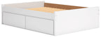 White platform bed with three drawer fronts on the side and tan slatted mattress base