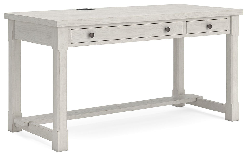 White writing desk with two drawers and open lower shelf under the tabletop