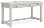 White writing desk with two drawers and open lower shelf under the tabletop