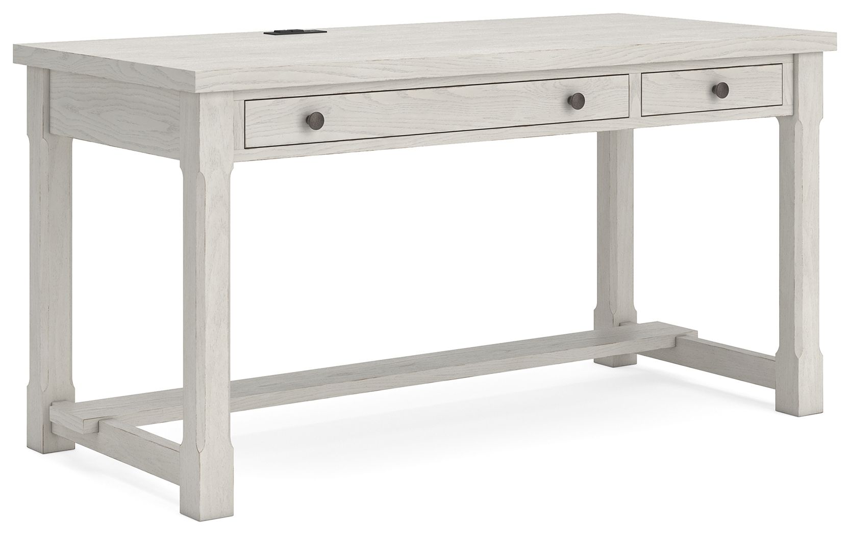 White writing desk with two drawers and open lower shelf under the tabletop