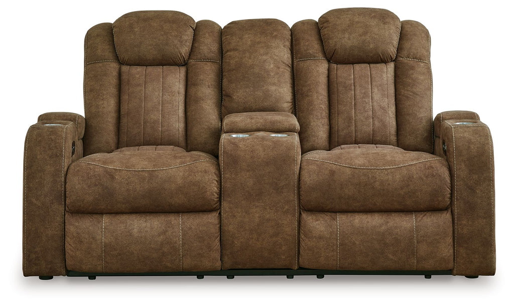 Brindle brown power reclining loveseat front view with high padded back and armrests