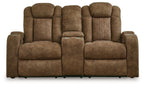 Brindle brown power reclining loveseat front view with high padded back and armrests