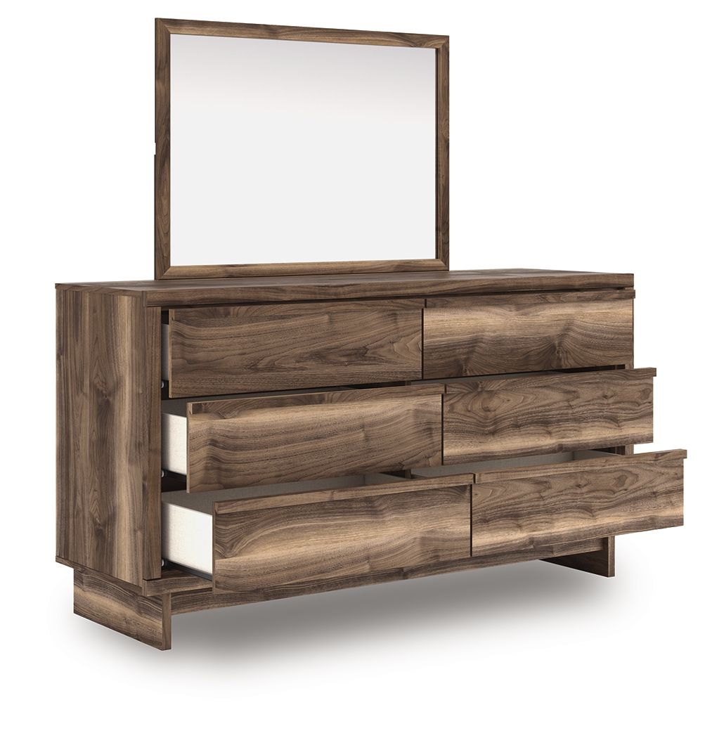 Six-drawer brown dresser with wall mirror; visible drawer gaps and wood-grain fronts.