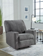 Pewter fabric rocker recliner chair, side profile with padded arms and footrest