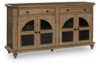 Brown accent cabinet with four arched glass doors and two drawers, black knobs
