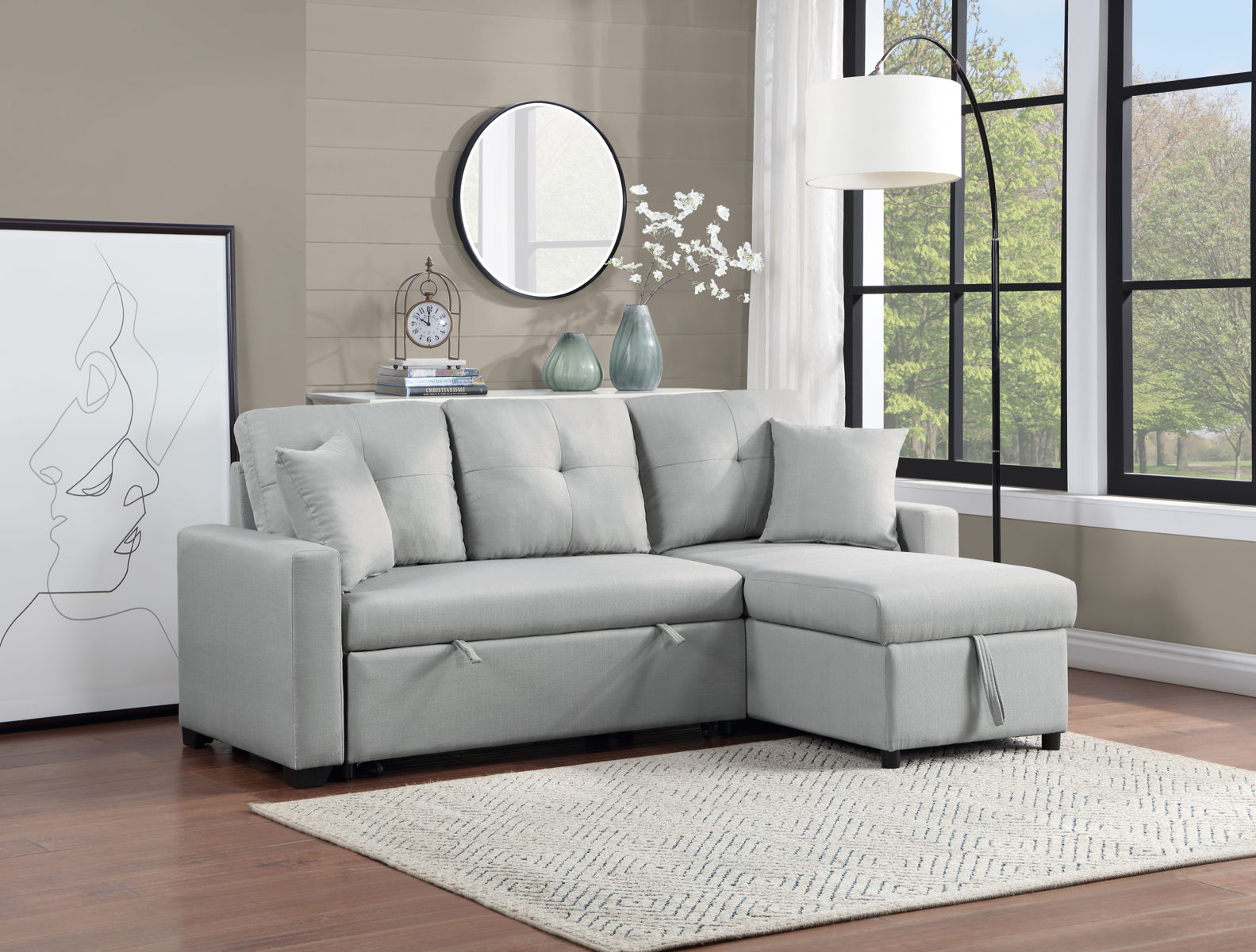 Francine - Linen Reversible Sleeper Sectional Sofa With Storage Chaise