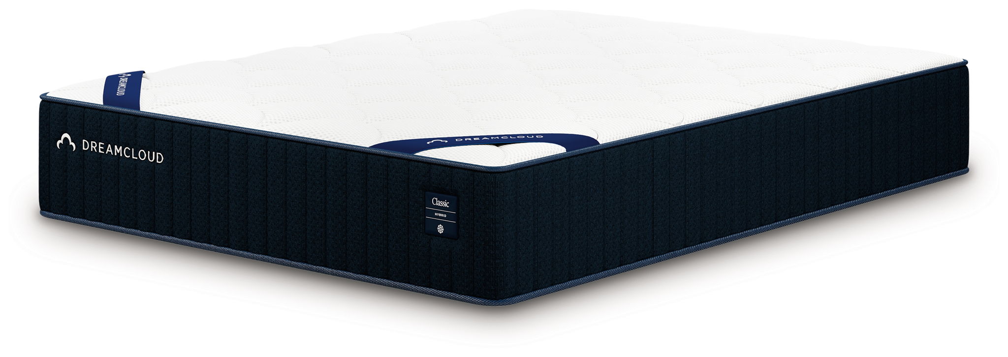 DreamCloud classic hybrid mattress, black fabric side with white top, rectangular profile