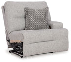 Pewter fabric power recliner with armrest and patterned back throw pillow