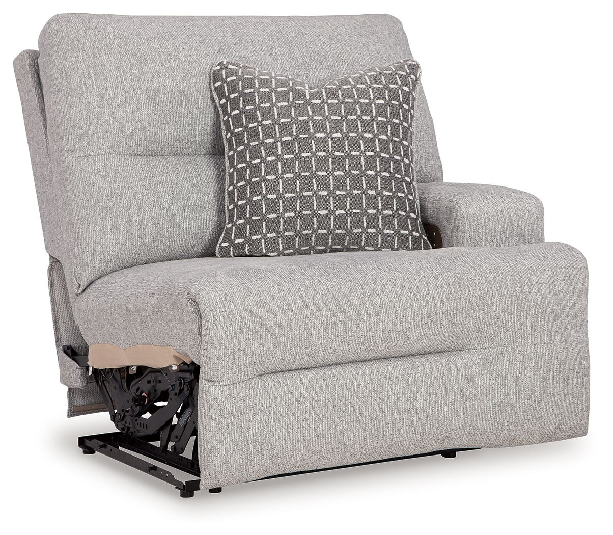 Pewter fabric power recliner with armrest and patterned back throw pillow