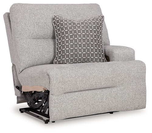 Pewter fabric power recliner with armrest and patterned back throw pillow