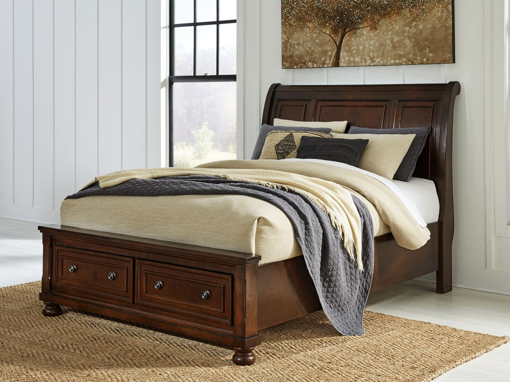 Dark brown storage bed with upholstered headboard and side drawer unit