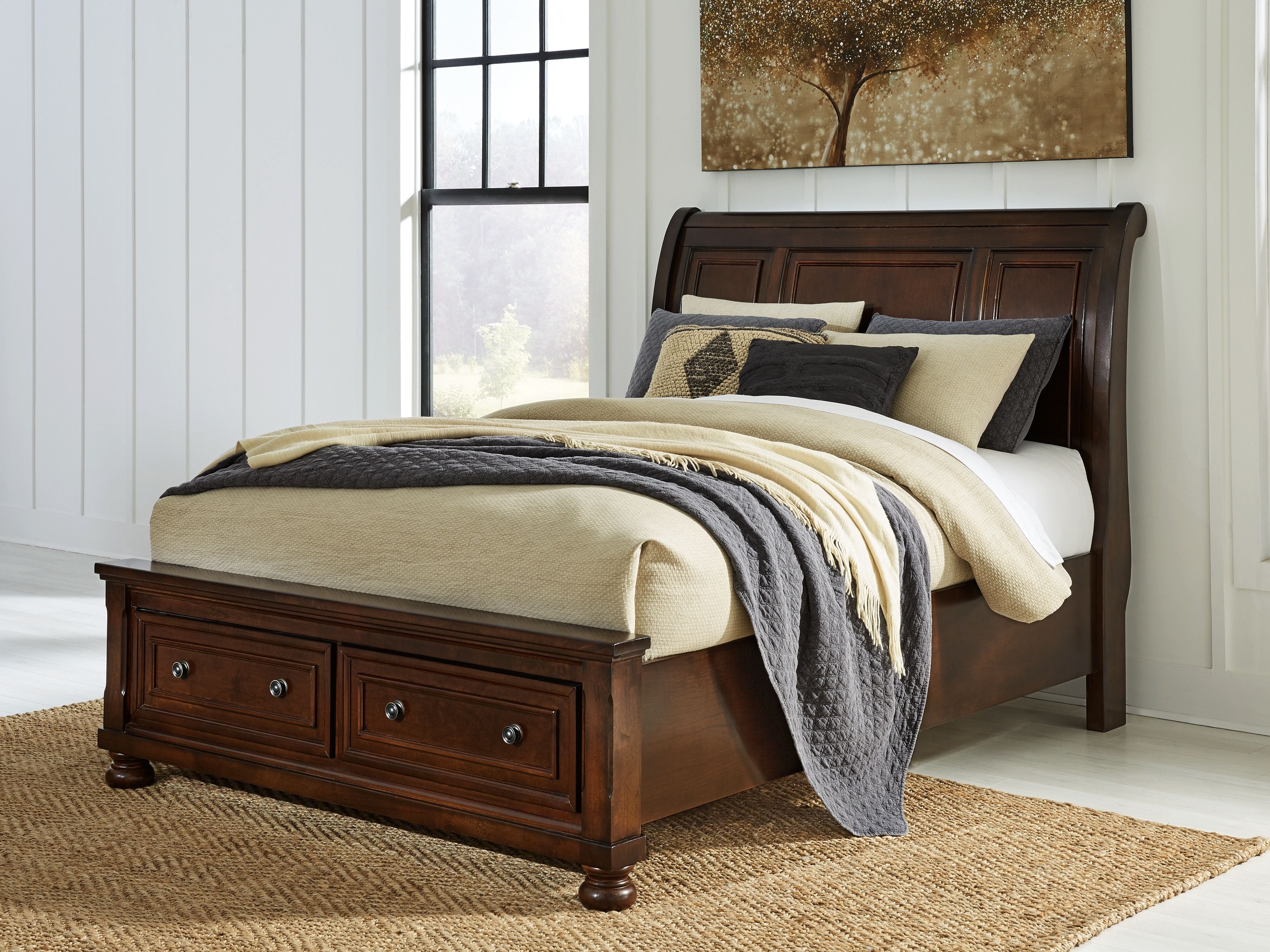 Dark brown storage bed with upholstered headboard and side drawer unit