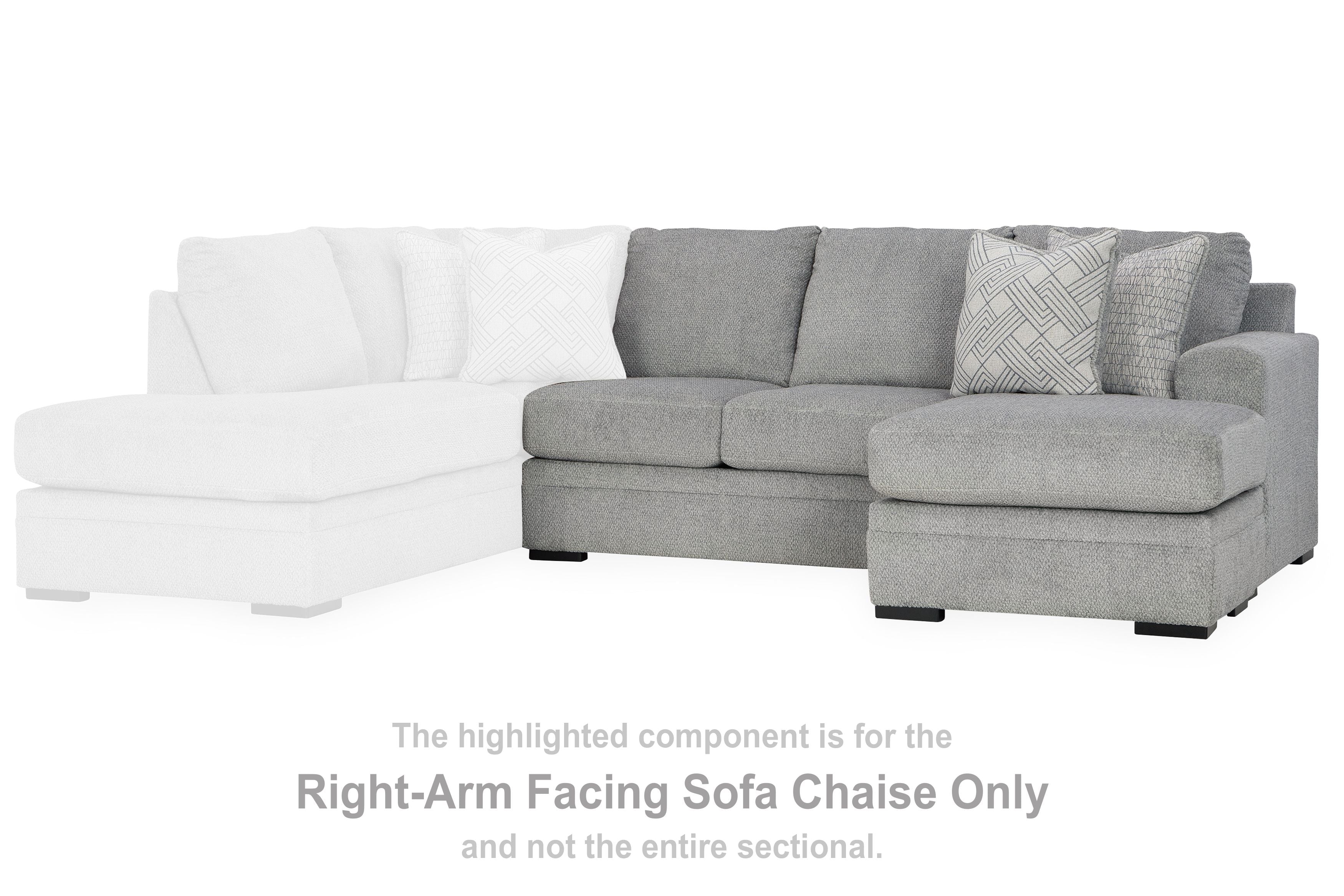 Right-arm sofa chaise with light gray fabric and white seat cushion