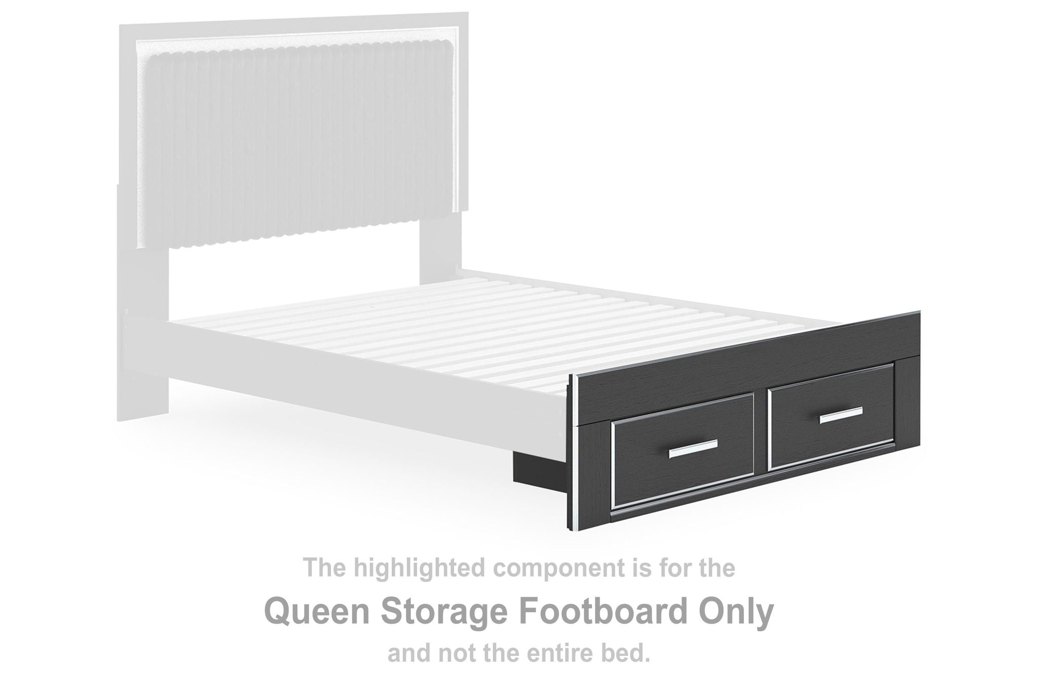 Black queen storage footboard with two drawers and metal pull handles