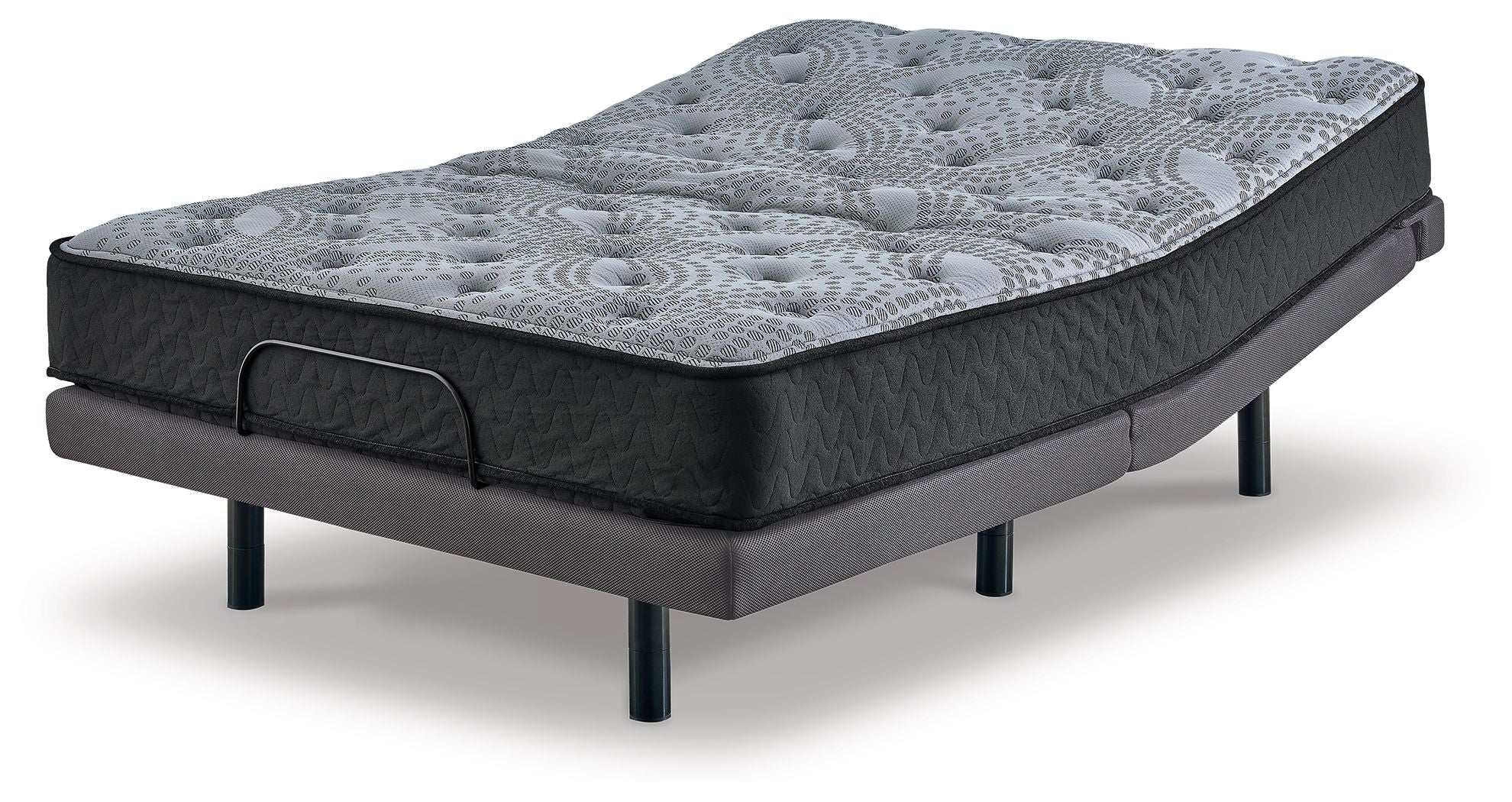 Comfort Plus hybrid mattress, gray quilted top and dark sides with metal legs
