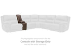Sectional sofa with storage console, white upholstery and dark brown armrest