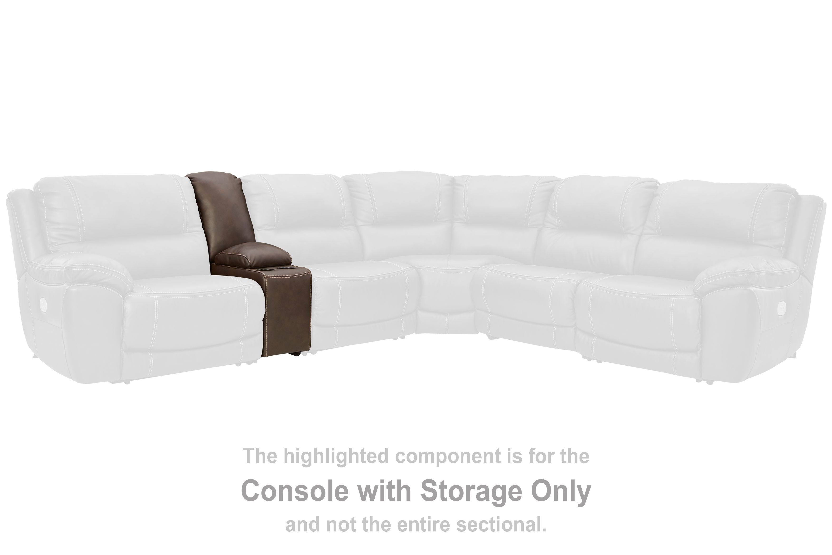 Sectional sofa with storage console, white upholstery and dark brown armrest