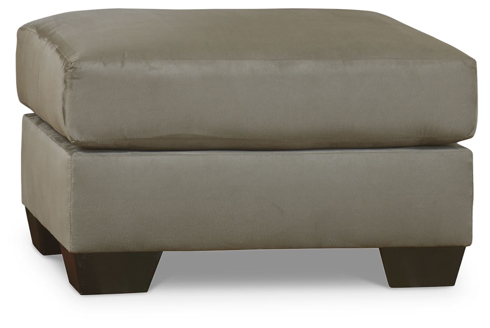 Light gray upholstered ottoman with thick rectangular base and short dark feet.