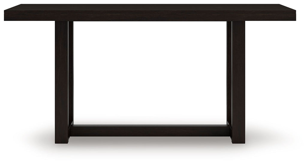 Rectangular dining room counter table with dark frame and tabletop