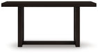 Rectangular dining room counter table with dark frame and tabletop