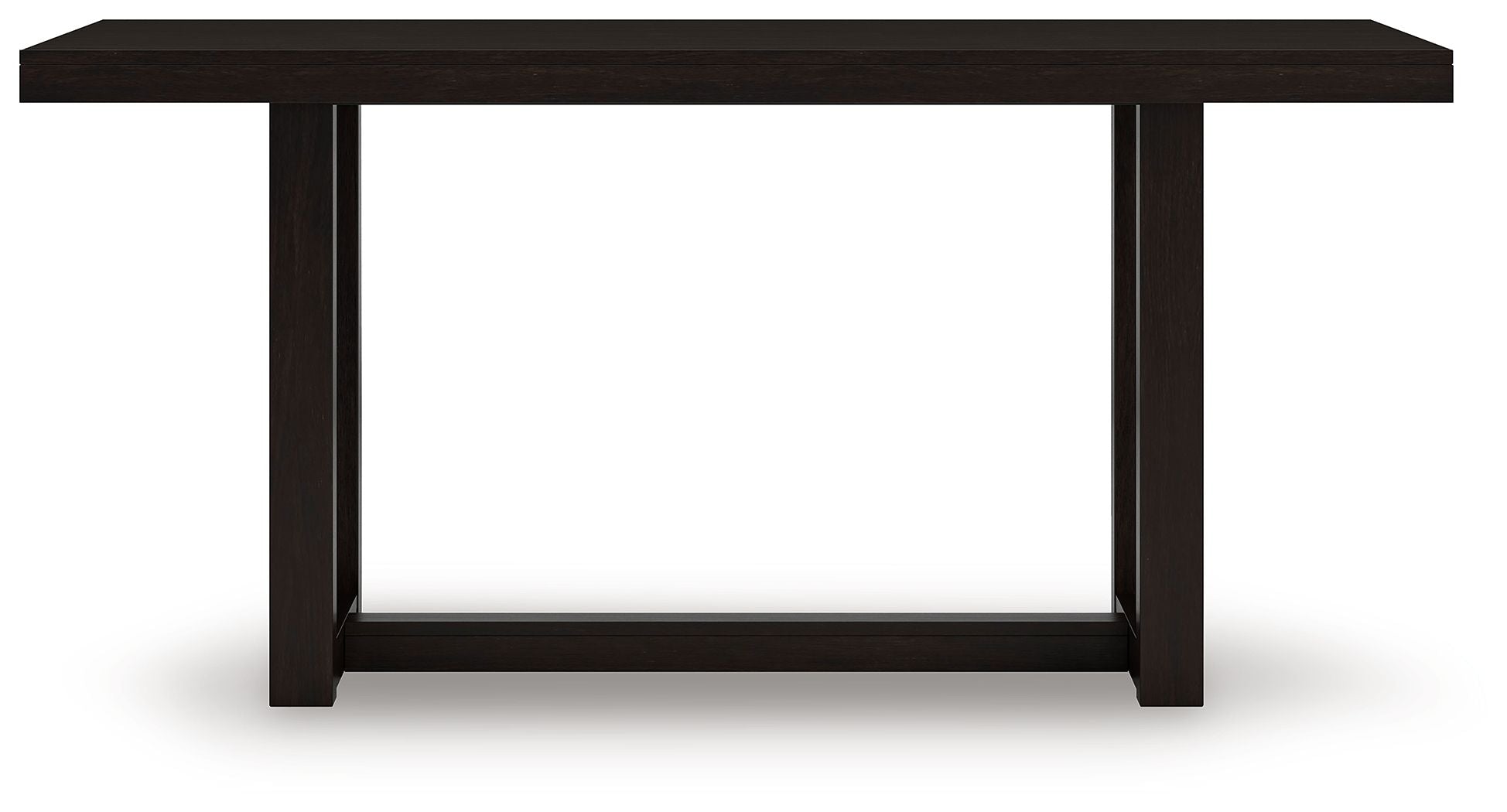 Rectangular dining room counter table with dark frame and tabletop