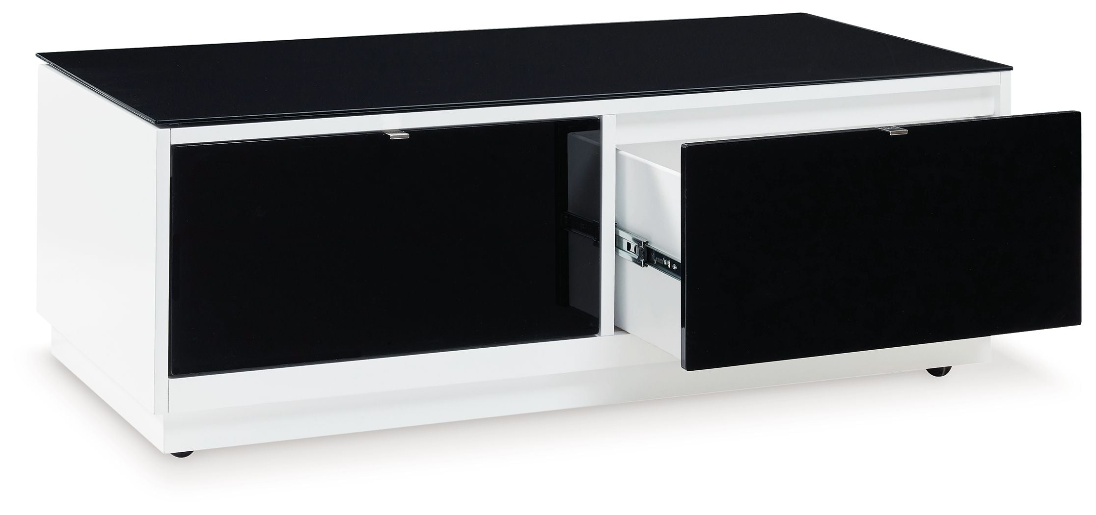 Rectangular cocktail table with white base, open black drawer, and dark tabletop