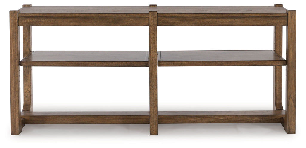 Light brown wooden sofa table with two open shelves and straight side rails