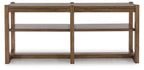 Light brown wooden sofa table with two open shelves and straight side rails