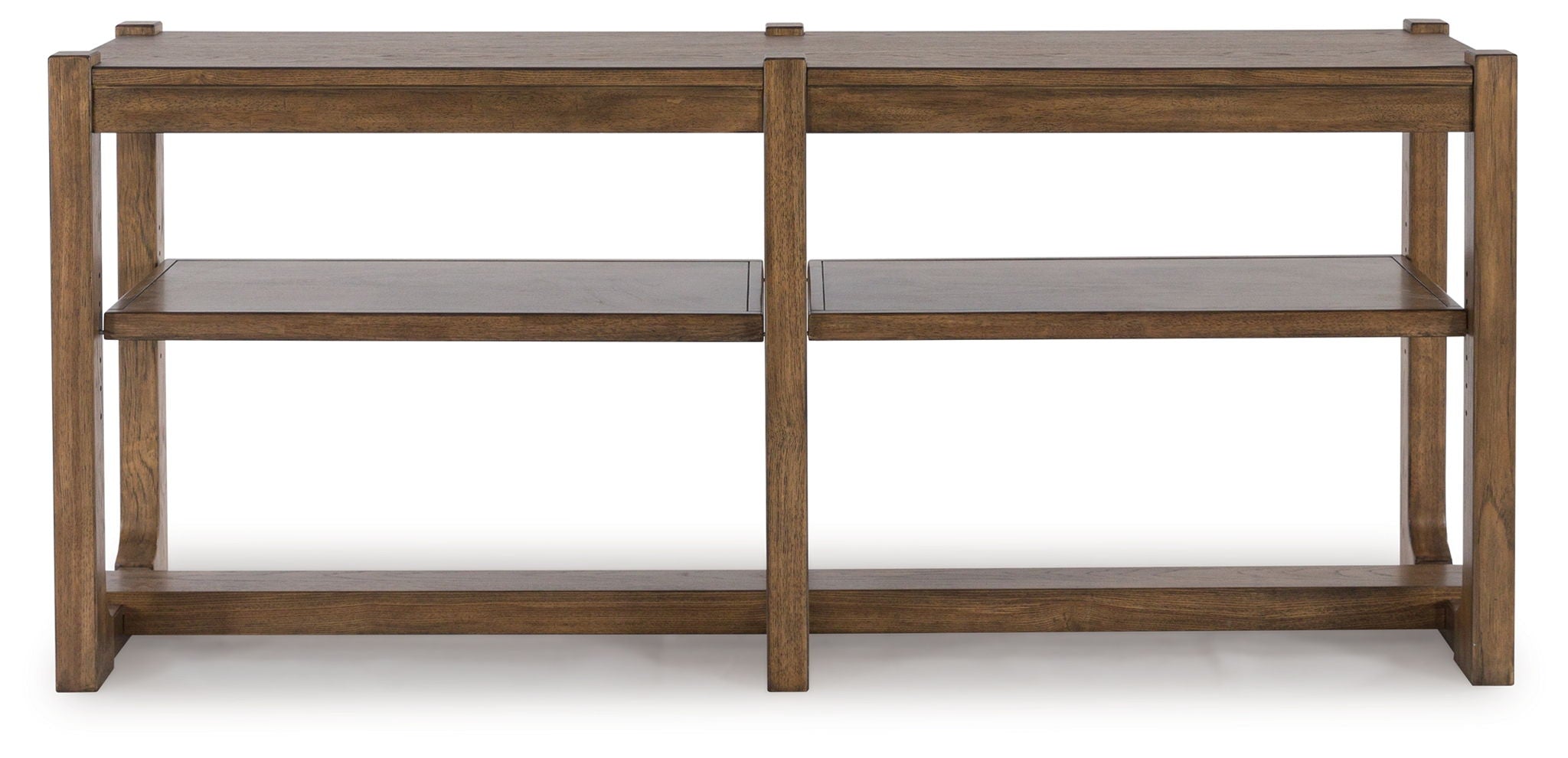 Light brown wooden sofa table with two open shelves and straight side rails