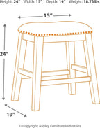 Gray barstool outline with height 24in, width 15in, depth 19in diagram