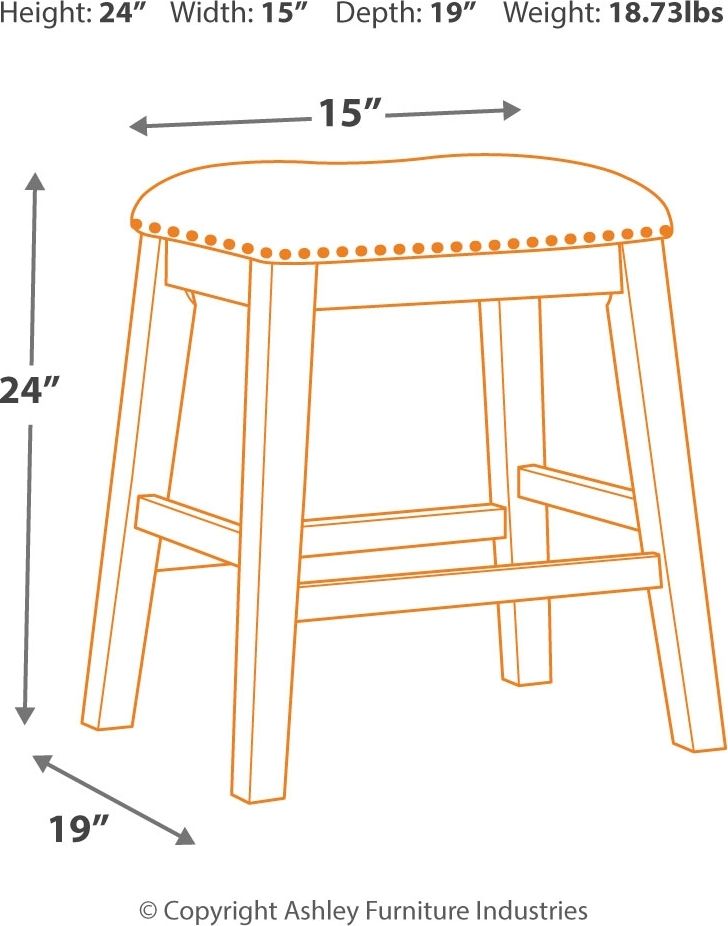 Gray barstool outline with height 24in, width 15in, depth 19in diagram