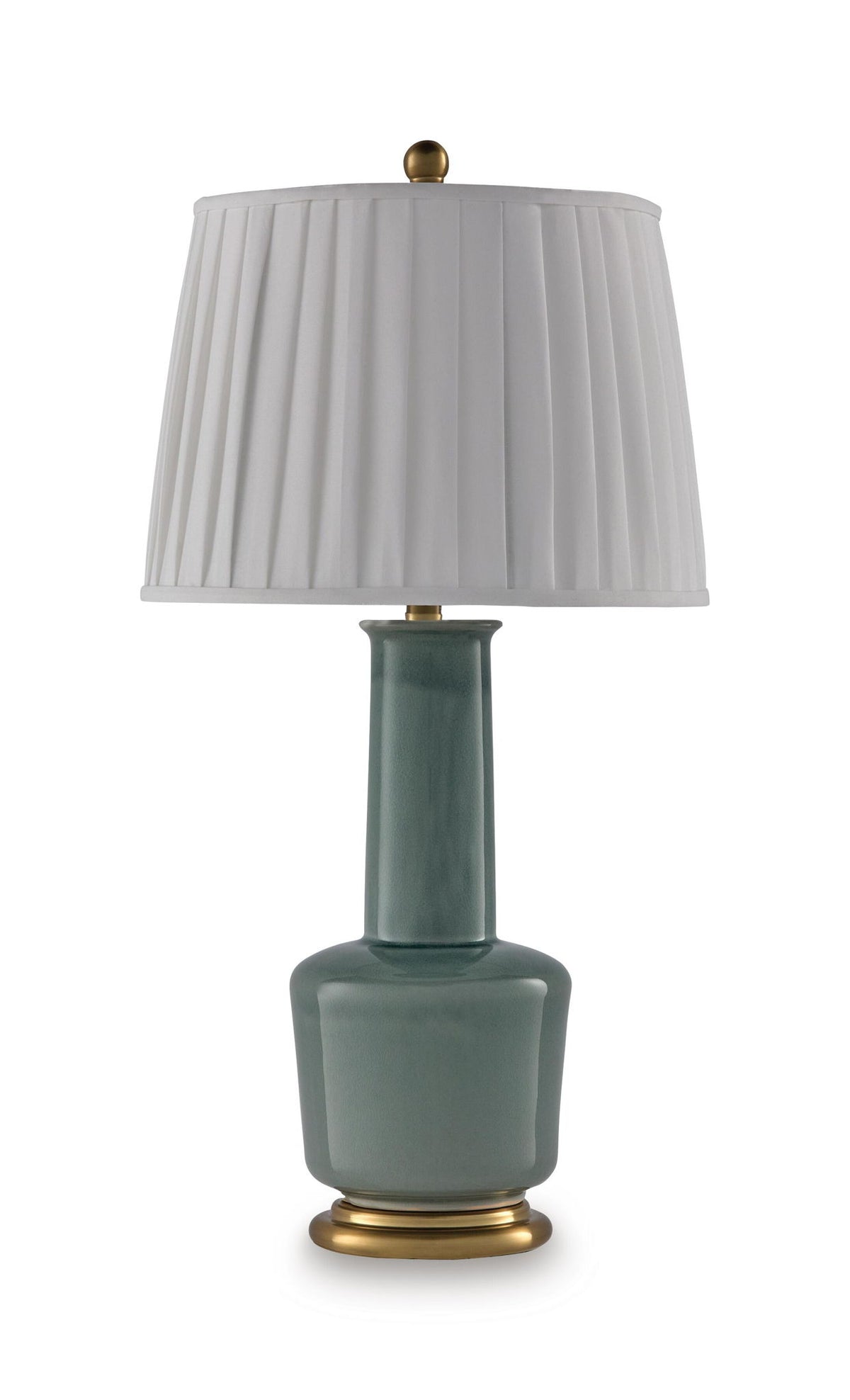 Teal ceramic table lamp with pleated white drum shade and gold base ring