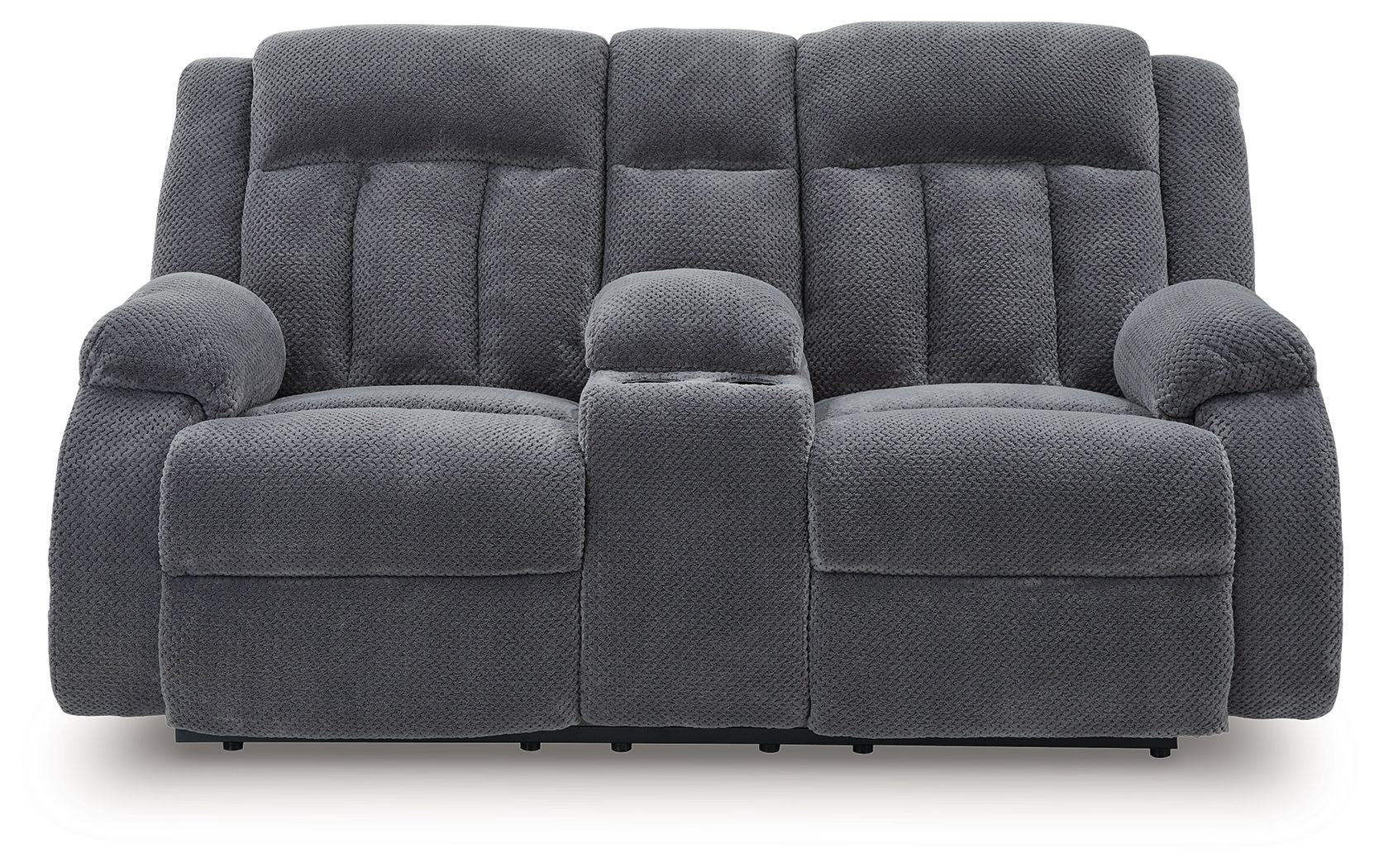 Dark gray double reclining loveseat with padded headrests and center console