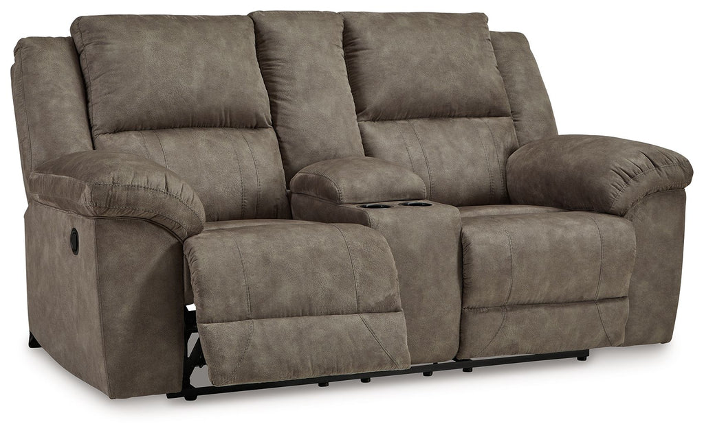 Reclining loveseat with center console, dark gray upholstery, reclining footrests