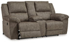 Reclining loveseat with center console, dark gray upholstery, reclining footrests