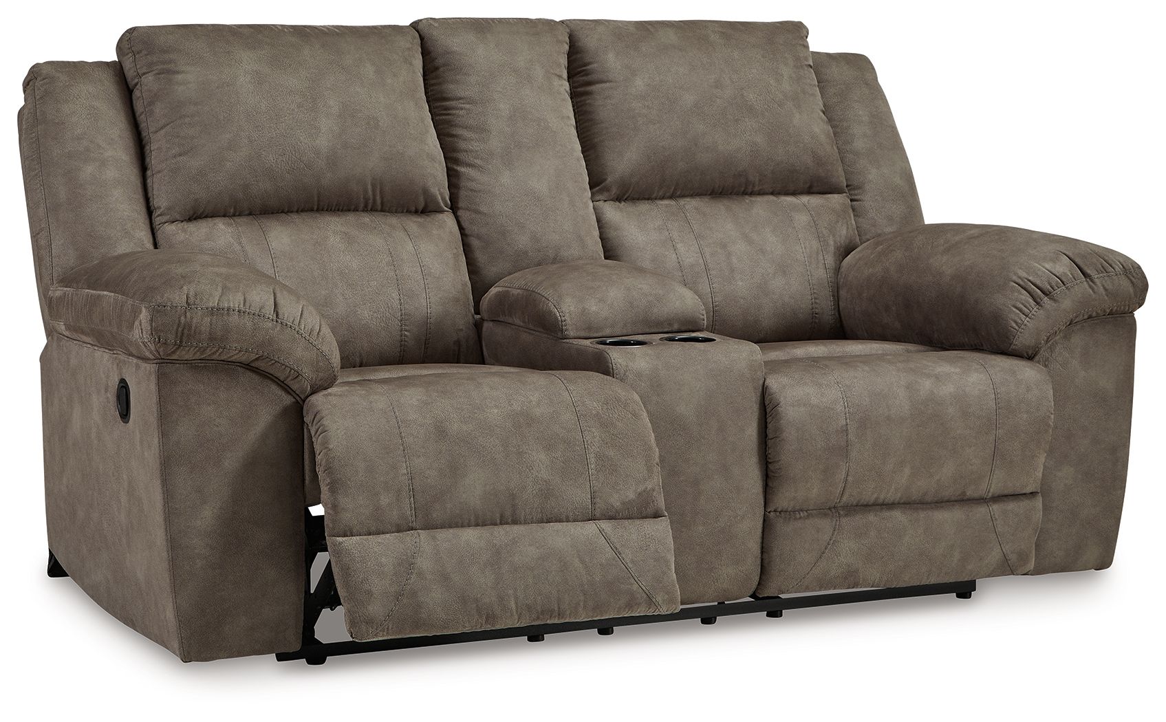 Reclining loveseat with center console, dark gray upholstery, reclining footrests