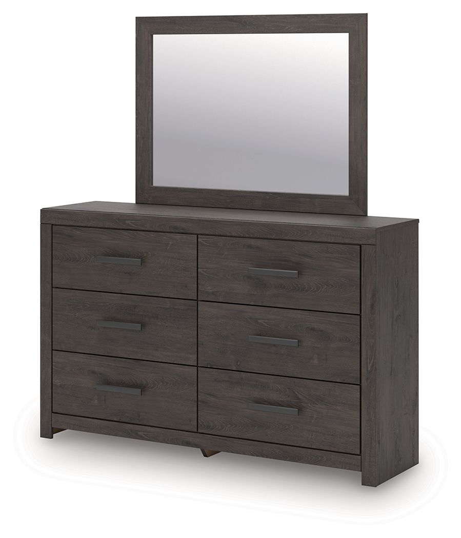 Charcoal dresser with six drawers and rectangular mirror, dark wood finish, centered panel.