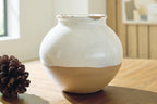 Vercott white ceramic vase with crackle glaze on wooden table near pinecones