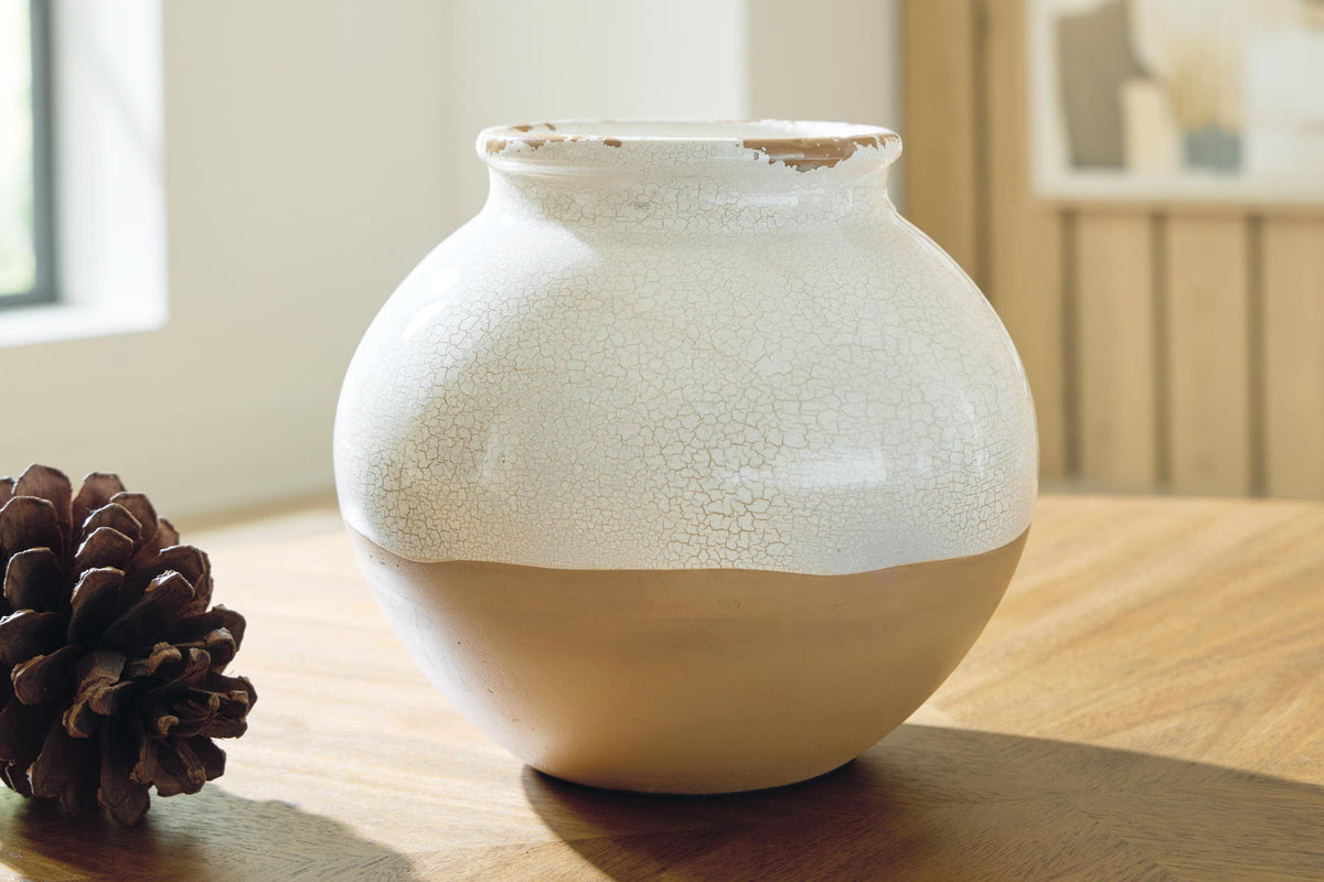 Vercott white ceramic vase with crackle glaze on wooden table near pinecones