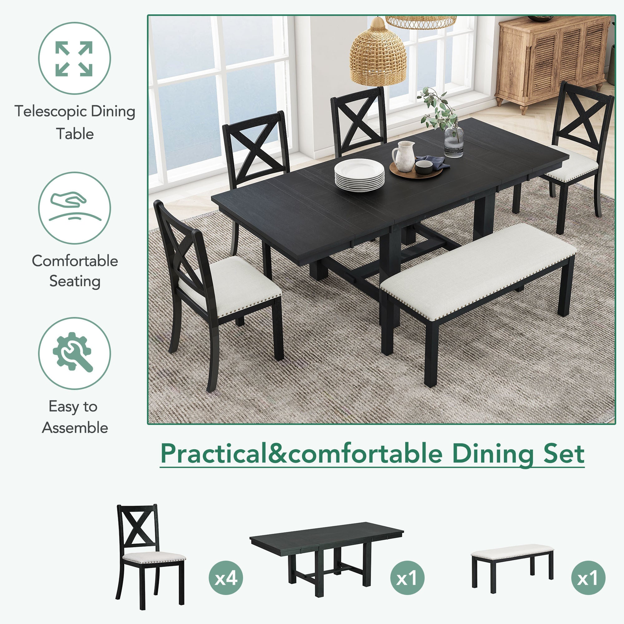 82" Farmhouse Dining Table Set, 6-Piece