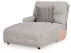 Pewter gray upholstered chaise with tall back, padded arm, and grid accent pillow