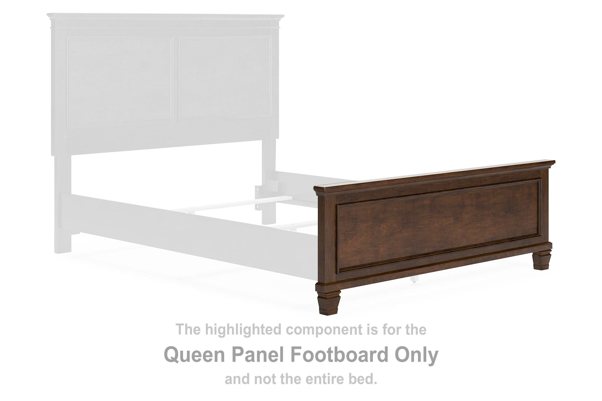 Brown wooden queen panel footboard with raised molding and horizontal panels