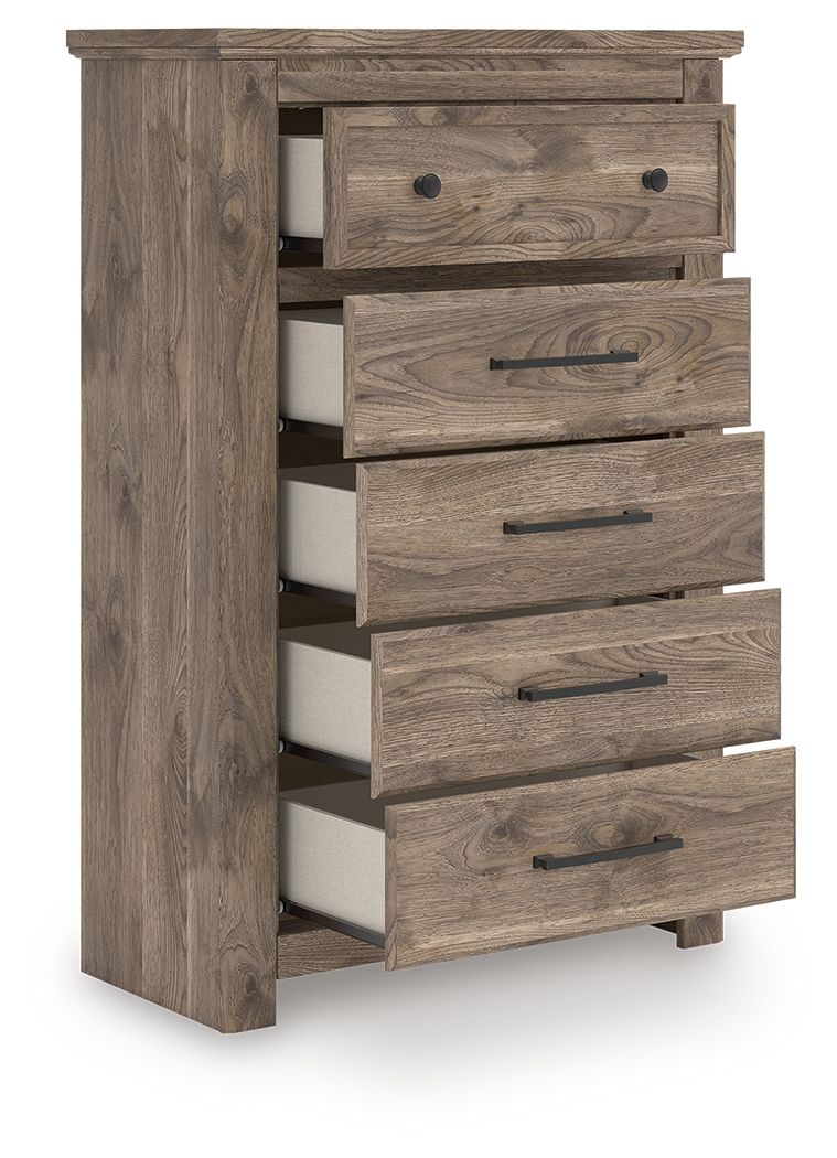 Five-drawer chest with open drawers and white interiors, black metal pulls, light brown wood