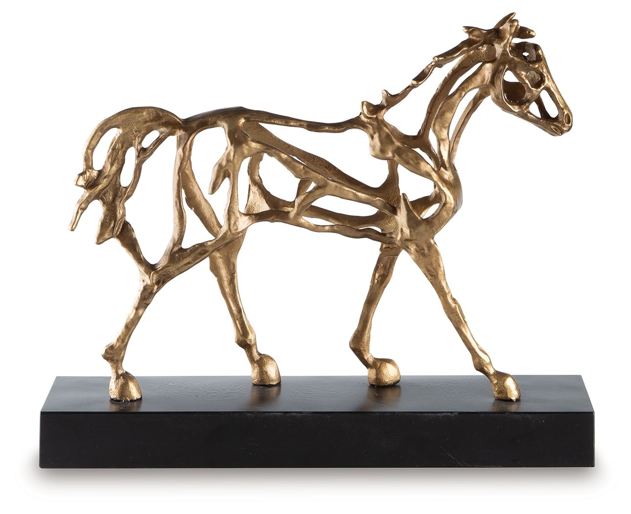 antique gold horse sculpture on dark rectangular base, side view